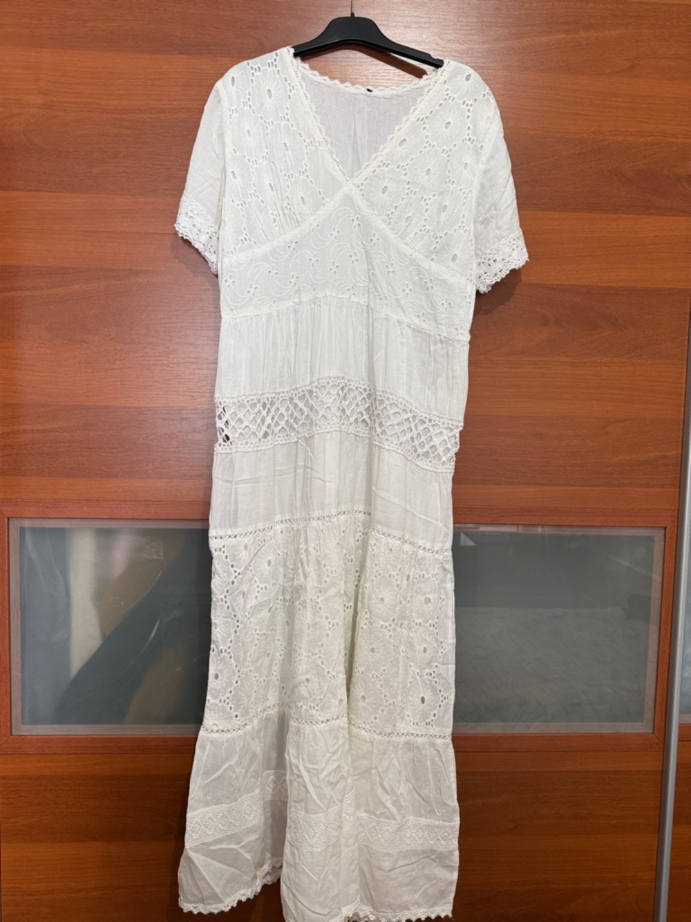 Women’s White Lace Maxi Dress - V-Neck Crochet Detail